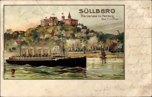 Litho Hamburg Altona Blankenese, Süllberg, Dampfer auf der Elbe