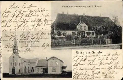 Ak Schuby in Schleswig Holstein, Kirche, Pastorat, Kolonialwarenhandlung