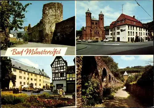 Ak Bad Münstereifel in Nordrhein Westfalen, Burg, Gasthaus, Kirche, Brücke, Fachwerkhaus