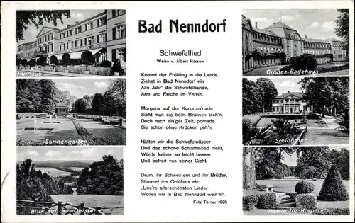 Ak Bad Nenndorf an der Weser, Schwefellied von Albert Rossow, Kurpark, Kurhaus, Sonnengarten