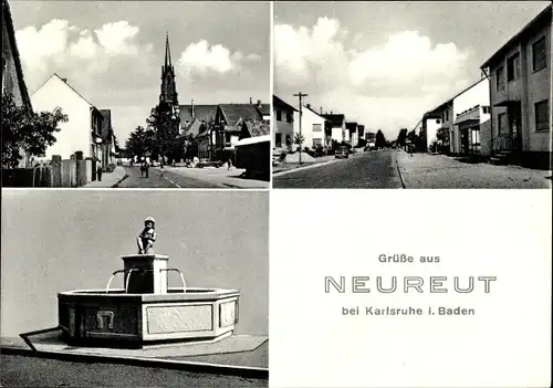 Ak Neureut Karlsruhe in Baden Württemberg, Straßenpartie, Brunnen, Kirche