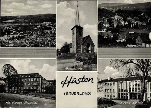 Ak Hüsten Arnsberg im Sauerland, Totale, Kreuzkirche, St. Petri Schule, Karolinenhospital