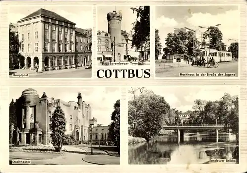 Ak Cottbus in der Niederlausitz, Hauptpost, Spremberger Turm, Hochhaus, Tram, Stadttheater, Brücke