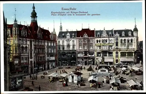 Ak Essen im Ruhrgebiet, Kopstadtplatz mit Kriegerdenkmal, Markt