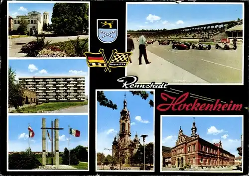 Ak Hockenheim in Baden, Hockenheimring, Motodrom, Autorennen, Kirche, Völkerkreuz