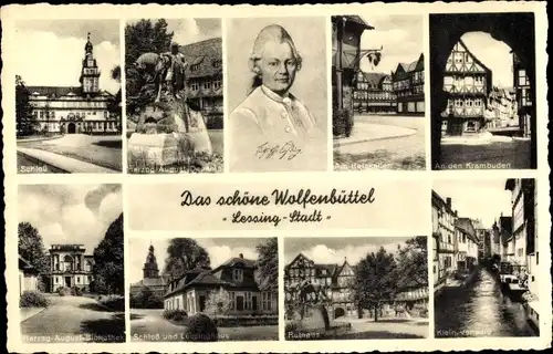 Ak Wolfenbüttel in Niedersachsen, Schloss, Herzog August-Denkmal, Krambuden, Rathaus