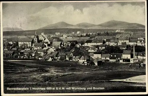 Ak Benneckenstein Oberharz, Blick auf den Ort mit Wurmberg und Brocken