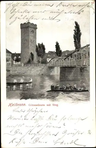 Ak Heilbronn am Neckar, Götzenturm mit Steg, Ruderboote