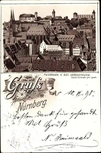 Litho Nürnberg in Mittelfranken Bayern, Panorama vom St. Lorenzturm