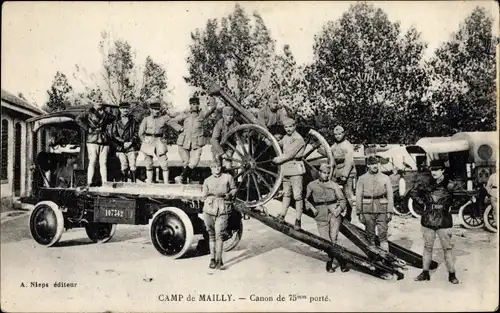 Ak Mailly le Camp Aube, Canon de 75mm porte, Soldaten in Uniform