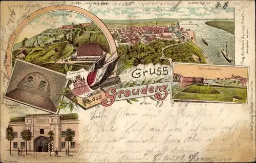Litho Grudziądz Graudenz Westpreußen, Festungsberg, Panorama, Weichselpartie, Tor, Wappen