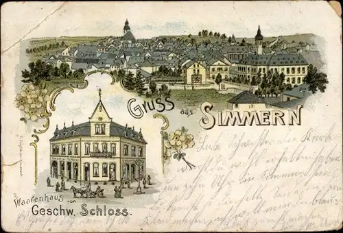 Litho Simmern im Hunsrück, Warenhaus Geschw. Schloss, Gesamtansicht