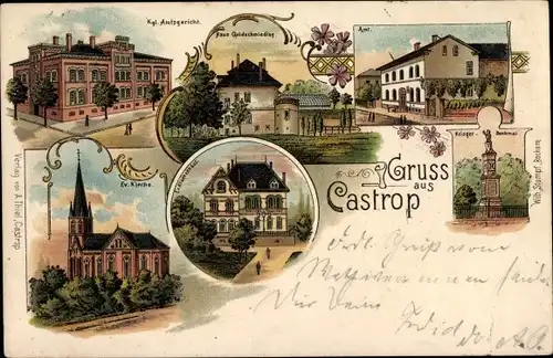 Litho Castrop Ruhrgebiet, Amtsgericht, Kirche, Amt, Krankenhaus, Kriegerdenkmal, Haus Goldschmieding