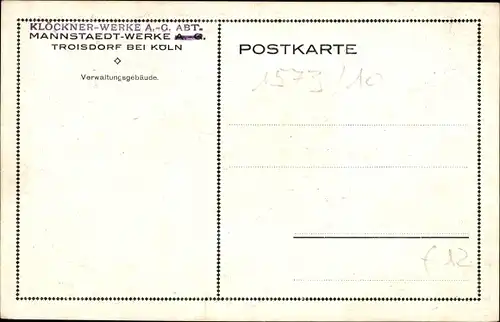 Künstler Ak Troisdorf an der Sieg, Mannstaedt Werke, Klöckner Werke, Verwaltungsgebäude