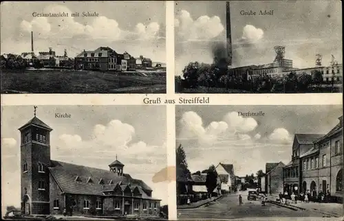 Ak Streiffeld Merkstein Herzogenrath in Nordrhein Westfalen, Grube Adolf, Kirche, Dorfstraße, Schule