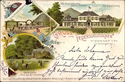 Litho Bad Honnef am Rhein, Villa Feuerschlösschen, Drachenfels, Löwenburg