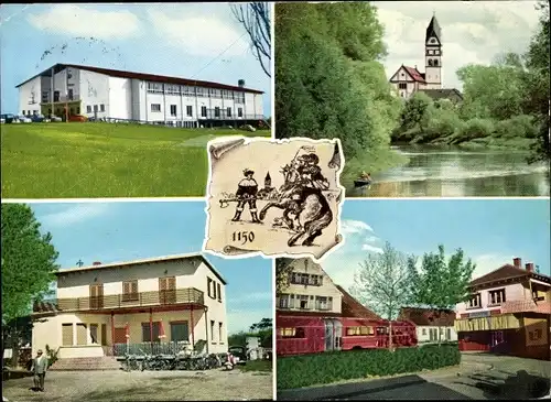 Ak Ketsch am Rhein, Rheinhalle, Vereinshaus TSG, Bahnhof, Partie am Altrhein