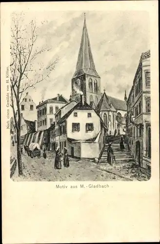 Künstler Ak H. Killian, Mönchengladbach am Niederrhein, Straßenpartie mit Kirche