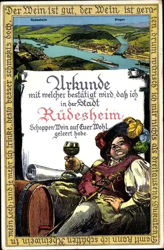 Künstler Ak Rüdesheim am Rhein, Urkunde, Wein
