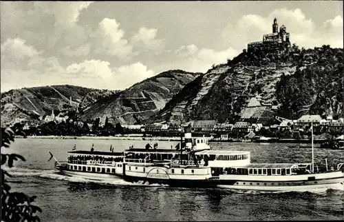 Ak Braubach am Rhein, Blick auf den Ort und Marksburg, Salondampfer