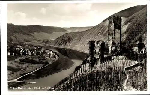 Ak Beilstein an der Mosel, Burg Metternich, Blick auf Ellenz, Weinberg