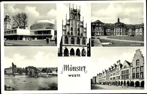 Ak Münster in Westfalen, Universität, Theater, Aasee, Prinzipalmarkt, Rathaus