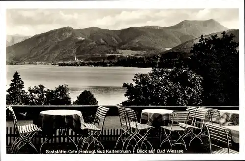 Ak Gmund am Tegernsee Oberbayern, Gaststätte und Cafe Herzogliches Gut Kaltenbrunn,Blick auf Wiessee