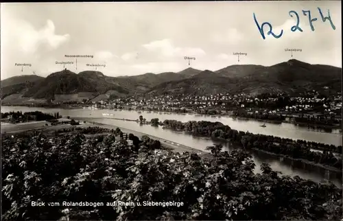 Ak Königswinter am Rhein, Blick vom Rolandsbogen auf Rhein und Siebengebirge, Drachenfels, Ölberg