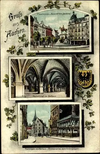 Ak Aachen in Nordrhein Westfalen, Theaterplatz m. Kaiser Wilhelm Denkmal, Kaisersaal im Rathaus