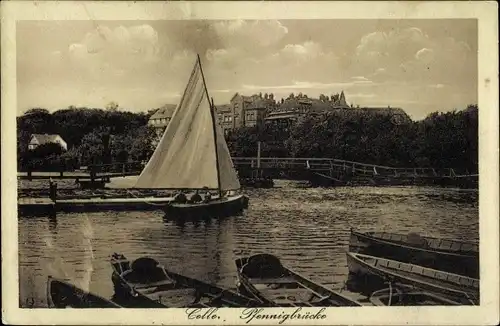 Ak Celle in Niedersachsen, Pfennigbrücke, Segelboot