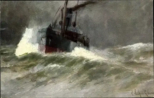 Künstler Ak Dampfer im Sturm auf dem Meer