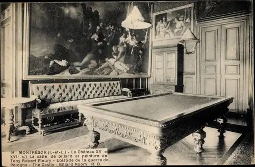 Ak Montrésor Indre et Loire, Le Chateau, La Salle de billard et peinture de Tony Robert Fleury