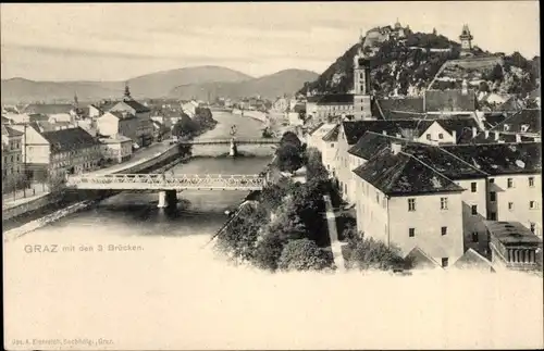 Ak Graz Steiermark, Gesamtansicht mit 3 Brücken