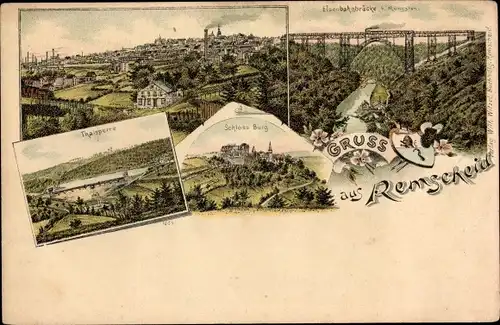 Litho Remscheid im Bergischen Land, Schloss Burg, Talsperre, Eisenbahnbrücke