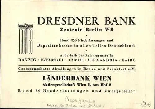 Briefmarken Ak Int. Automobil und Motorrad Ausstellung Berlin 1939, Dresdner Bank, Länderbank Wien