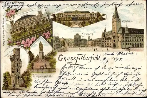 Litho Elberfeld Wuppertal, Rathaus, Neumarkt, Haardt, Kriegerdenkmal