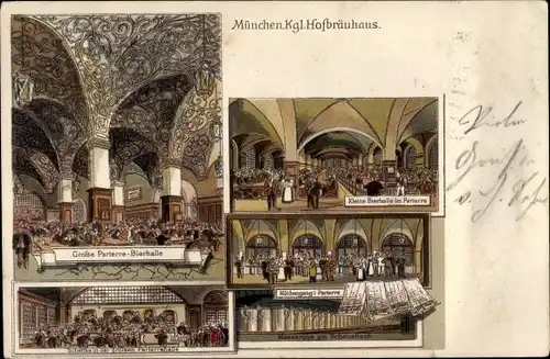 Litho München Bayern, Kgl. Hofbräuhaus, Innenansicht, Bierhalle