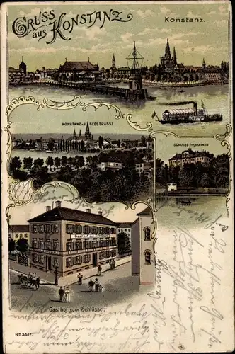 Litho Konstanz am Bodensee, Blick auf den Ort, Schloss, Gasthof zum Schlüssel