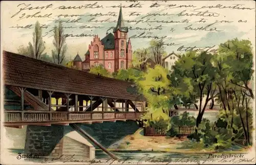 Litho Zwickau in Sachsen, Gedeckte Brücke, Paradiesbrücke