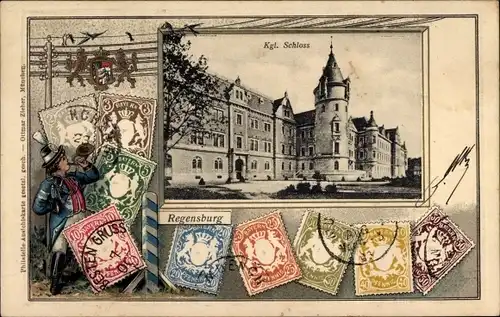 Präge Briefmarken Ak Regensburg an der Donau Oberpfalz, Postillon, Kgl. Schloss