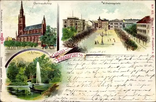 Litho Frankfurt an der Oder, Gertraudkirche, Wilhelmsplatz, Springbrunnen in den Anlagen