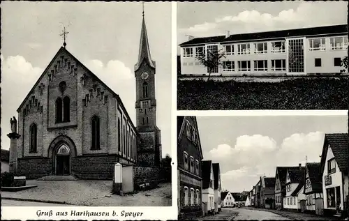 Ak Harthausen in Rheinland Pfalz, Kirche, Schule, Straßenpartie