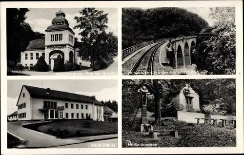 Ak Emmelshausen im Hunsrück, Sauerbrunnen Thauma Quelle, Heilbrünnchen, Schule, Hubertusbrücke