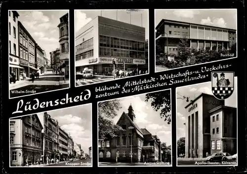 Ak Lüdenscheid im Märkischen Kreis, Wilhelm-Straße, Kaufhof, Parkbad, Knapper-Straße, Apollo-Theater