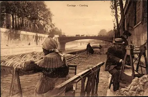 Ak Paris, Le Long de la Seine, The Banks of the Seine, Cardage, Carding, Kardierer