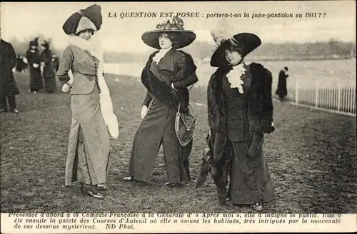 Ak La Question est posee, porteta-t-on la jupe pantalon en 1911, Courses d'Auteuil