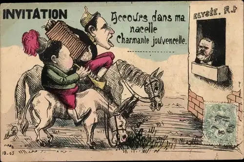 Künstler Ak Invitation, Accours dans ma nacelle Charmante jouvencelle, Karikatur