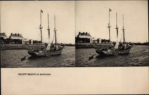 Stereo Ak Saint Malo Ille et Vilaine Bretagne, Segelschiff, Häuser, Ruderboot