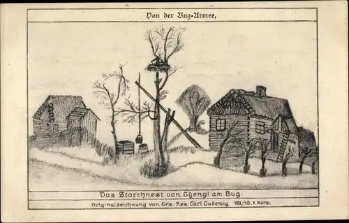 Ak Ostpreußen, Das Storchnest von Gyengi am Bug