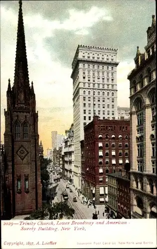 Ak New York City USA, Trinity Church, Lower Broadway and American Surety Building